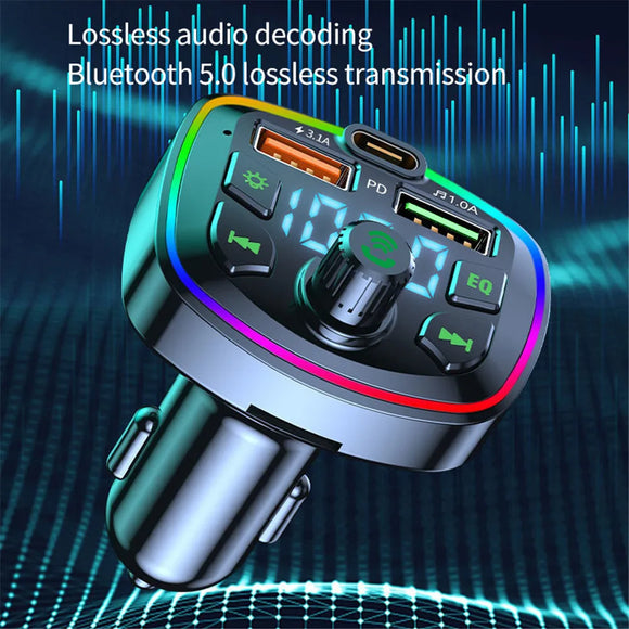 Tasshz Auto Bluetooth 5.0 Ladegerät FM Transmitter PD 18W Typ-C Dual USB 3.1A Buntes Umgebungslicht MP3 Musik-Player