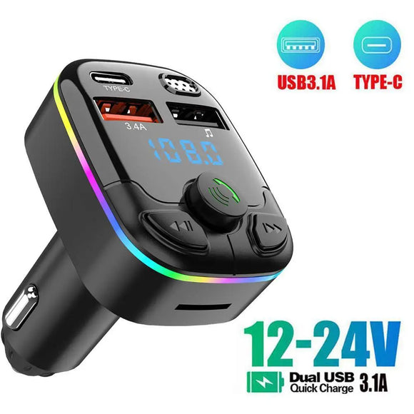 Tasshz Car Bluetooth 5.0 FM Transmitter PD Type-C Dual USB 3.1A Fast Charger Colorful Ambient Light Handsfree MP3 Player