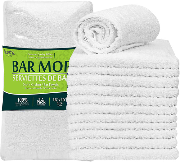 Kitchen Bar Mops Towels, Pack of 12 Towels - 16 x 19 Inches, 100% Cotton Multi-Purpose Cleaning Towels for Home and Kitchen Bars (White)