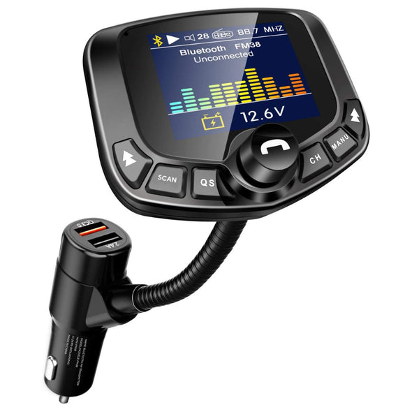 Bluetooth FM Transmitter for Car Hands-Free Kit 1.8''Color Display  QC3.0 Fast Charging Function, Support USB, TF Card, AUX Input/Output
